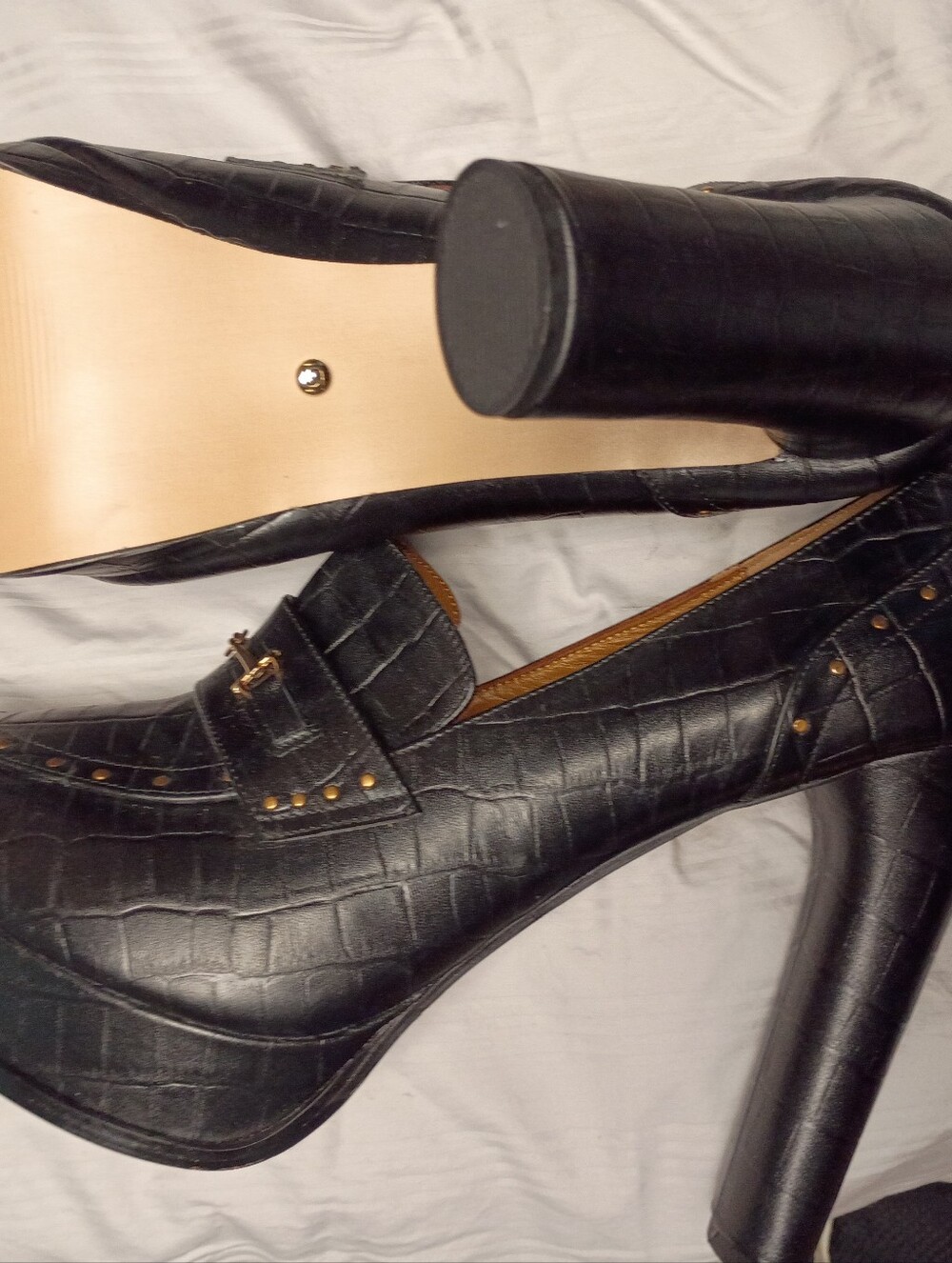 MENS lack Croc-Embossed Platform Leather Loafers with Gold Hardware